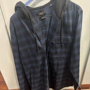 Vince Navy Plaid Hooded Shirt Jacket Men's L